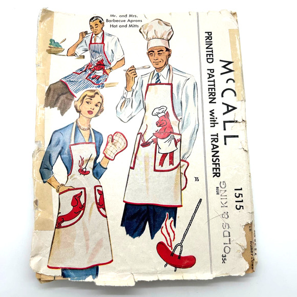 Mccall Vintage 1940's Pattern #1515 Mr.& Mrs. BBQ Aprons Hat Mitts HTF RARE - Picture 1 of 10